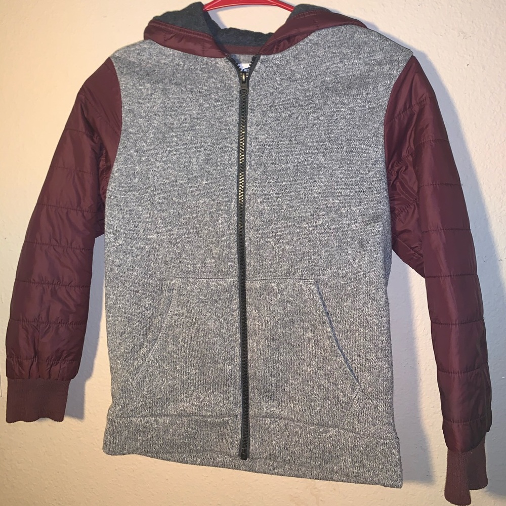 GREY & BURGUNDY PUFFER ZIP UP JACKET